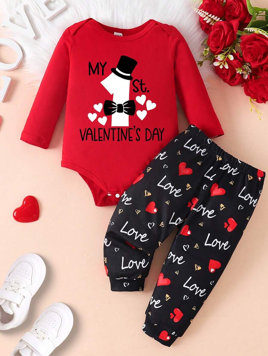 2 Stücke/Set Baby Jungen Mein erster Valentinstag minimalistischer Herz- und Buchstaben-Muster Langarm-Body und lange Hose, Kleidung für Valentinstag Frühlingsoutfit, als Geschenk