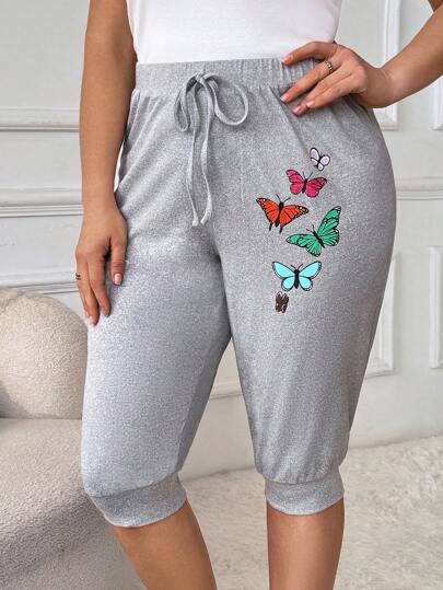 SHEIN LUNE Plus Size Women's Butterfly Print Knee-Length Pants, Minimalist & Fashionable For Casual Everyday Wear For Summer