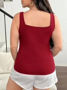 SHEIN Frenchy Áo ba lỗ xương cá màu trơn cỡ lớn cho nữ mùa hè - Đỏ - Xem 2