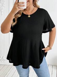 SHEIN CURVE+ Plus Size Women A-Line Short Sleeve Black T-Shirt Top, Versatile Casual Holiday