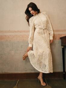 Anewsta 女士优雅法式收腰长袖蕾丝复古连衣裙（配腰带），春季 - 杏色 - 查看 4