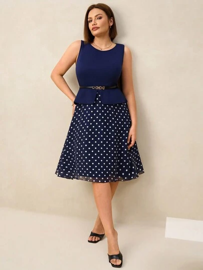 SHEIN Clasi Plus Size Women Patchwork Polka Dot Print Round Neck Sleeveless Elegant Dress