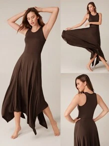 GLOWMODE SoftSerene Modal Cool Down Asymmetric Midi Dress Built-In Cups Daily Casual - Brown - View 7
