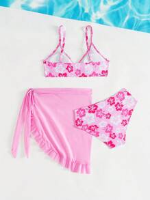 SHEIN Conjunto de traje de baño de camiseta y Bottom minimalista y casual para uso diario, para niñas preadolescentes - Rosa - Ver 2
