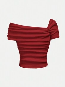 SHEIN Girlism Teen Girls Ribbed Knit Ruched Shoulder Slim Fit Casual T-Shirt, Red Top