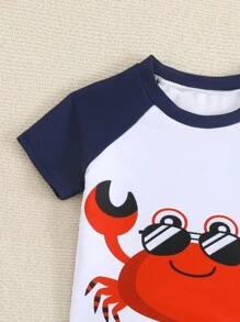 2pcs Young Boy Color Block Round Neck Short Sleeve Simple Swimwear Top And Bottom Set - Multicolor - View 3