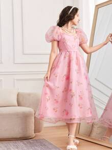 SHEIN Vestido largo con mangas abultadas de organza y estampado floral para adolescentes - Rosa - Ver 1