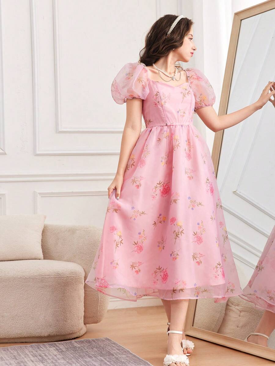 SHEIN Vestido largo con mangas abultadas de organza y estampado floral para adolescentes - Rosa - Ver 1
