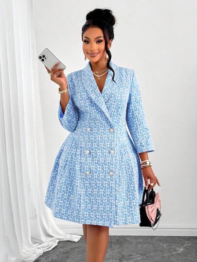 SOLERSUN Vestido Blazer de Talla Grande para Mujer, Azul Claro a Rayas, de Lana, con Solapa, Manga Larga, Doble Botonadura y Dobladillo Plisado, Verano, Elegante, Atuendos para el Día de San Valentín