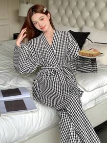 DAZY Conjunto de top de cuello de chaqueta de tartán y pantalones de pijama rectos holgados