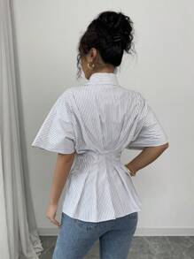 Chiquease Áo cánh tay ngắn tay bồng, đơn hàng khuy, bó eo, viền bèo kẻ sọc thanh lịch - Cà phê nâu - Xem 2