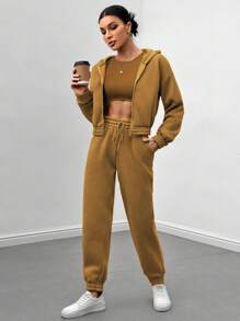 SHEIN Essnce 3 件/套女式單色背心、拉鍊連帽外套和慢跑褲套裝 - 棕色 - 查看 5