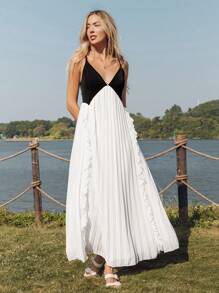 SHEIN LUNE Spring New Romantic Ruffles Black & White Splicing Pleated Slip Dress, Elegant French Style Office Lady / Airport/Vacation Long Dress For Women For Valentine's Day - White - View 2