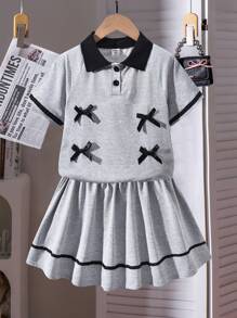 2pcs/Set Girls Bow Decor Gray Short Sleeve T-Shirt With Skirt Cute Outfit - Light Grey - View 1