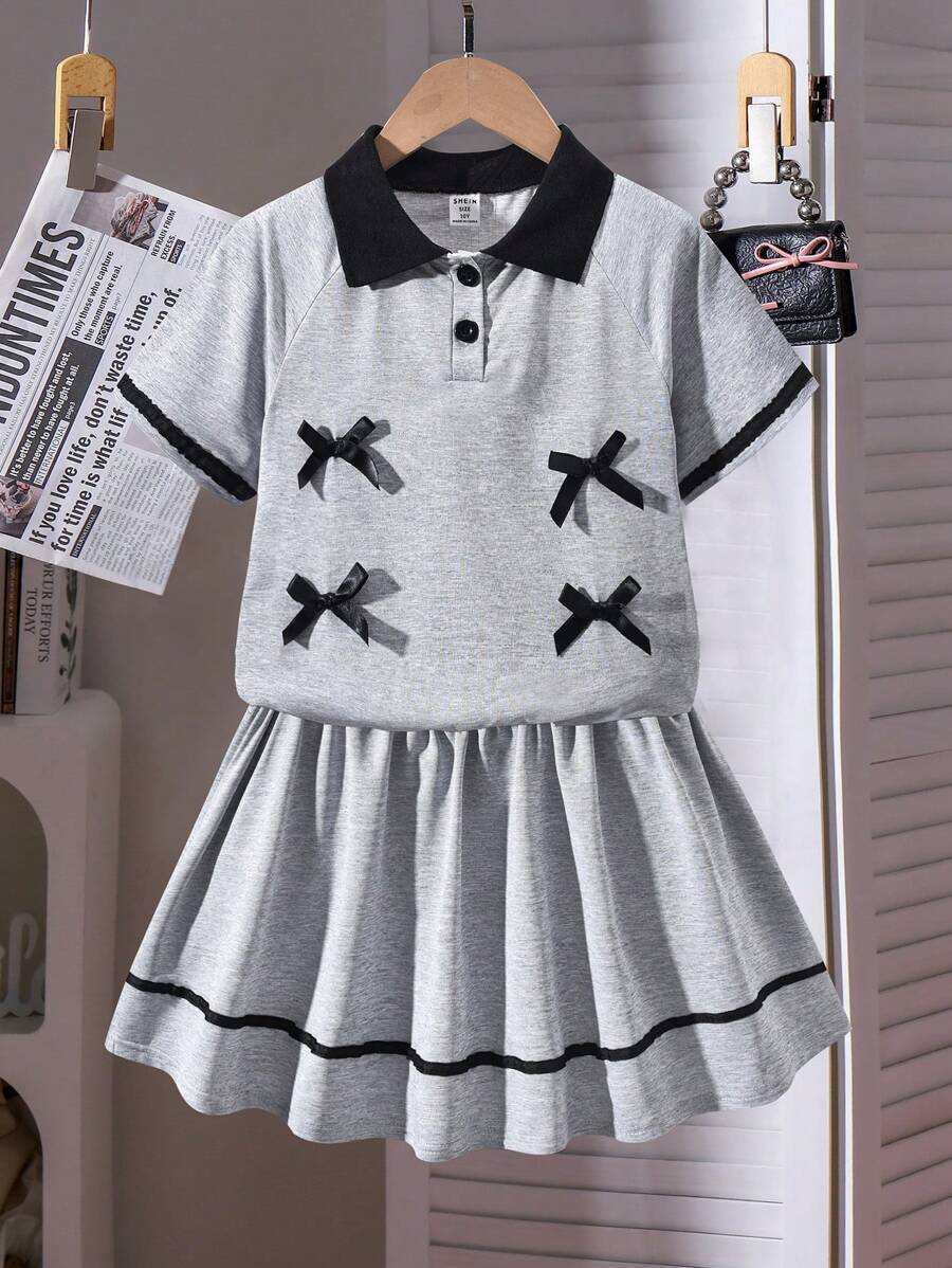 2pcs/Set Girls Bow Decor Gray Short Sleeve T-Shirt With Skirt Cute Outfit - Light Grey - View 1