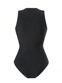 SHEIN Summer 1pc Women's Plain Zipper One Piece Swimsuit, Casual Beach Vacation - Black - View 2