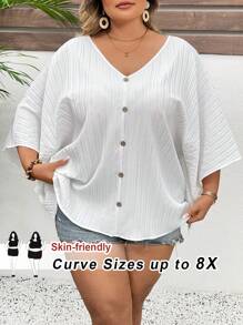 SHEIN CURVE+ 大码女式度假纹理蝙蝠袖 V 领衬衫 波西米亚风度假