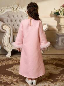 SHEIN Young Girl Loose Puff Sleeve Furry V-Neck Splicing Dress