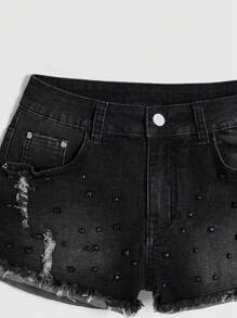 Grunge Punk Y2K风格做旧水洗低腰超短牛仔短裤，女款，夏季，街头风 - 黑色 - 查看 3