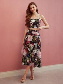 MOTF PREMIUM Conjunto de top de tirantes con estampado floral y falda evasé - Multicolor - Ver 5