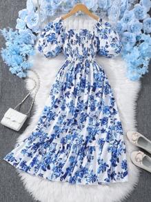 Sparklyn Đầm thường ngày tay ngắn in họa tiết hoa cho bé gái tuổi teen - Màu xanh lam - Xem 2
