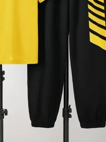 SHEIN 2 件套青少年男童休闲简约字母印花圆领上衣和短裤套装，适合夏季、运动、跑步、户外 - 黃色 - 查看 3