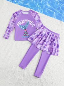 Young Girl 2pcs/Set Fish Scale Print Raglan Long Sleeve Top And Patchwork Skirt With Leggings Tankini Swimwear - Multicolor - View 6