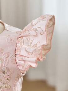 Young Girl Jacquard Weave Ruffle Collar Fitted Casual Dress - Pink - View 4