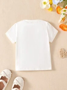 Baby Girl Casual Cute Bow Embroidered Round Neck Short Sleeve Tops, Versatile For Daily Wear, Summer