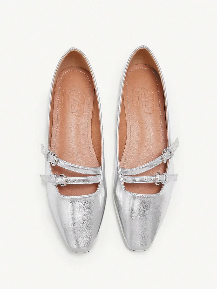 CUCCOO CHICEST Square Toe Multi-Strap Single Buckle Soft Bottom Breathable Vintage Shiny Surface Women Flat Shoes, Suitable For Daily, Commuting, Party, Walking Occasions Spring Shoes