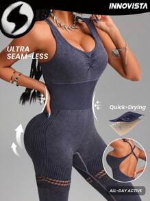 Innovista Women Activewear Seamless Tie Dye Criss Cross Sports Jumpsuit, Breathable Mesh & High Elastic Dry Fit Gym Jumpsuit. High Waist Tummy Control & Butt-Lifting Workout Outfits Cardio, Strength, Pilates, Outdoor, Hike, Camping, Trail, Yoga, Volleyball, Athleisure, Climbing, Music Festival, Party, Base Layer, Purple, Y2K Electric, Autumn, Valentine Utilitarian Chic , Striped Design - Purple - View 4