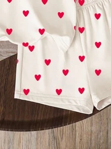 Baby Girl Heart Print Round Neck Short Sleeve T-Shirt And Shorts Knit Set, Suitable For Valentine's Day - Multicolor - View 4