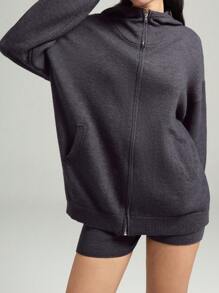LYSMO Conjunto de Mujer de Chaqueta con Capucha de Manga Dolman con Cierre Delantero y Shorts de Punto de unicolor