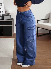 SHEIN Tall Women's Simple Front Button Pocket Jeans, Casual Everyday Wear