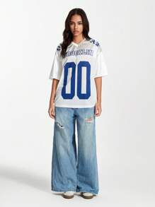 TRNVIE Camiseta de manga corta holgada con estampado numérico de Brooklyn y entredós de malla - Blanco - Ver 6