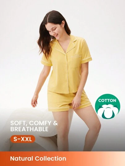 LUVLETTE Conjunto de pijama holgado de algodón 100% puro amarillo con ribete de contraste, top de manga corta con botones básicos y pantalones cortos. Conjunto de ropa de estar por casa con bolsillos para mujer, ideal para primavera y verano