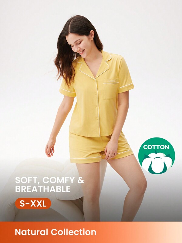LUVLETTE Conjunto de pijama holgado de algodón 100% puro amarillo con pantalón corto y top de manga corta con botones y ribete de contraste. Conjunto de ropa de estar por casa con bolsillos para mujeres.