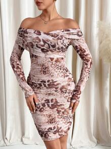 SHEIN Clasi Off-The-Shoulder Leopard Print Ruched Fitted Dress,Valentine's Day Dress