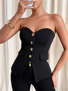SHEIN Lavishia Women Gold Flower Button Decor Strapless Top Spring - Black - View 7