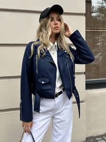 EURMUSE Fashionable Solid Color Belt Decorated Cropped Motorcycle Jacket - Navy Blue - View 6