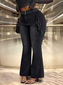 Slaydiva Plus Size Denim High Stretch Fringe Trim Flared Pants - Black - View 5