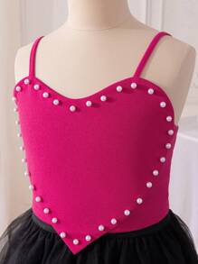 SHEIN 2pcs/Set Tween Girl Cute Short Heart Shape Pearl Decorated Camisole TOP Daily Casual Hanky Hem Mesh Overlay Skirt - Hot Pink - View 4