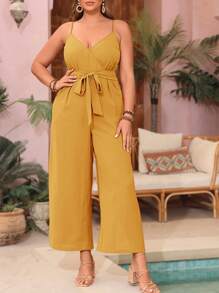SHEIN VCAY Plus Size Solid Color Minimalist Casual Everyday Jumpsuit - Yellow - View 5
