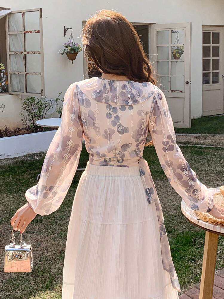 Women's Floral Print V-Neck Puff Sleeve Ruffle Hem Tie-Waist Blouse,Fall Women Clothes Long Sleeve Top Boho