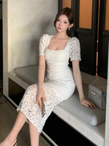 DAZY 女士蕾丝方领泡泡袖开衩中长连衣裙舞会礼服优雅太阳裙，婚礼礼服 - 白色 - 查看 7