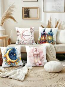 4 Packs Ramadan Themed Hand-Painted Illustration Peach Skin Velvet Throw Pillow Covers, Single-Sided Print, Contemporary Style, Hypoallergenic, Machine Washable, Zipper Closure, Woven Polyester, 17.71x17.71 Inches - Decorative Cushion Covers For Various Room Types, Pillow Inserts Not Included - Multicolor - View 3