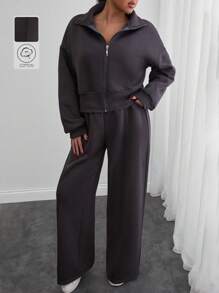 RueChic WOMAN COSY TWO PIECES LOUNGEWEAR WITH DOUBLE SIDE ZIPPER - Grey - View 5