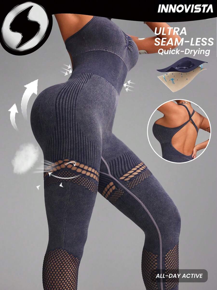 Innovista Women Activewear Seamless Tie Dye Criss Cross Sports Jumpsuit, Breathable Mesh & High Elastic Dry Fit Gym Jumpsuit. High Waist Tummy Control & Butt-Lifting Workout Outfits Cardio, Strength, Pilates, Outdoor, Hike, Camping, Trail, Yoga, Volleyball, Athleisure, Climbing, Music Festival, Party, Base Layer, Purple, Y2K Electric, Autumn, Valentine Utilitarian Chic , Striped Design - Purple - View 1