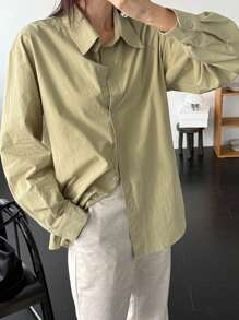 DAZY Casual Loose Solid Color Long Sleeve Women's Blouse - Olive Green - View 7