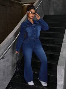 SHEIN ICON Plus Size Front Button Long Sleeve Pockets Fashion Casual Elastic Jumpsuit